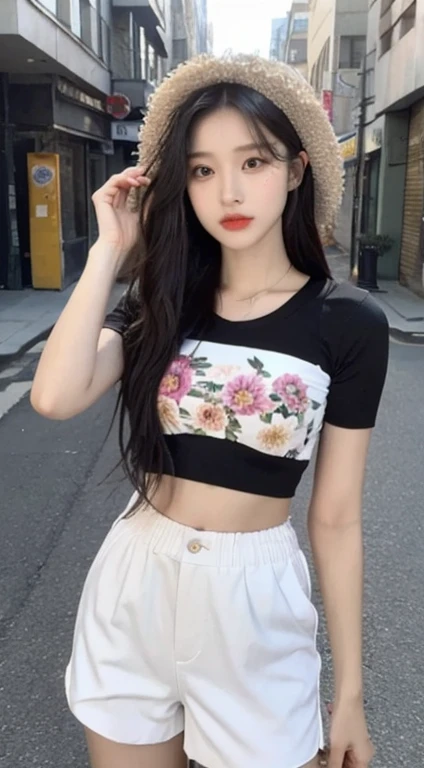 ((best quality, 8K, masterpiece: 1.3)), (flower hat: 1.3), focus: 1.2, perfect body beautiful: 1.4, buttocks: 1.2, (layered hairstyle: 1.2)), (dark street: 1.3), Highly detailed facial and skin textures, whole body, exquisite eyes, double eyelids, skin whitens, long hair, (round face: 1.5), (Loose crop top, shorts: 1.6),girl,black hair , ((Live action style)), White shirt