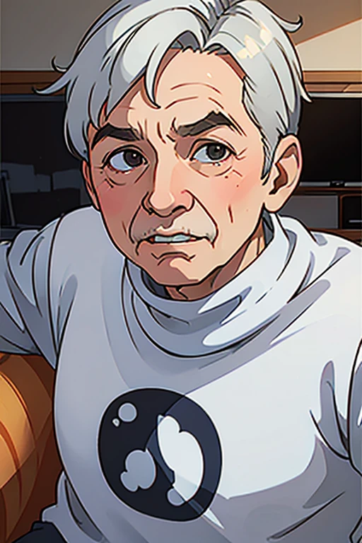 80 year old grandpa with wrinkled face Being in the living room