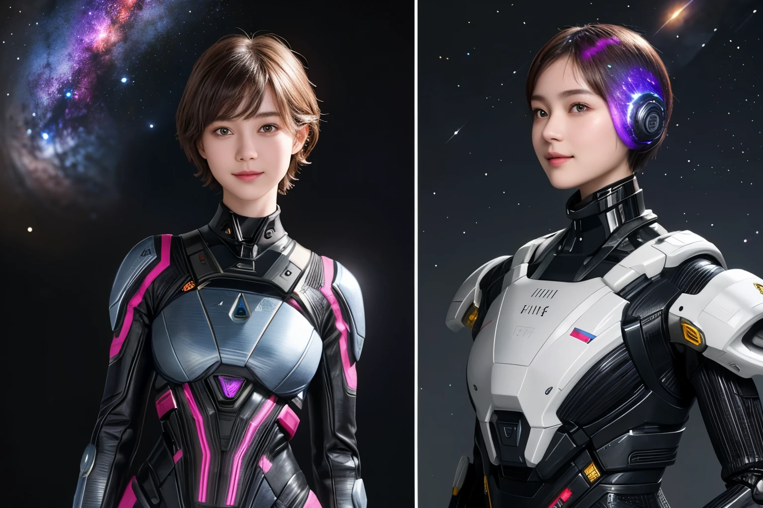 208 Short Hair, 20 year old female, Floral, gentle smile, futuristic clothes, mechanical suit, (The background is a galaxy and nebula)