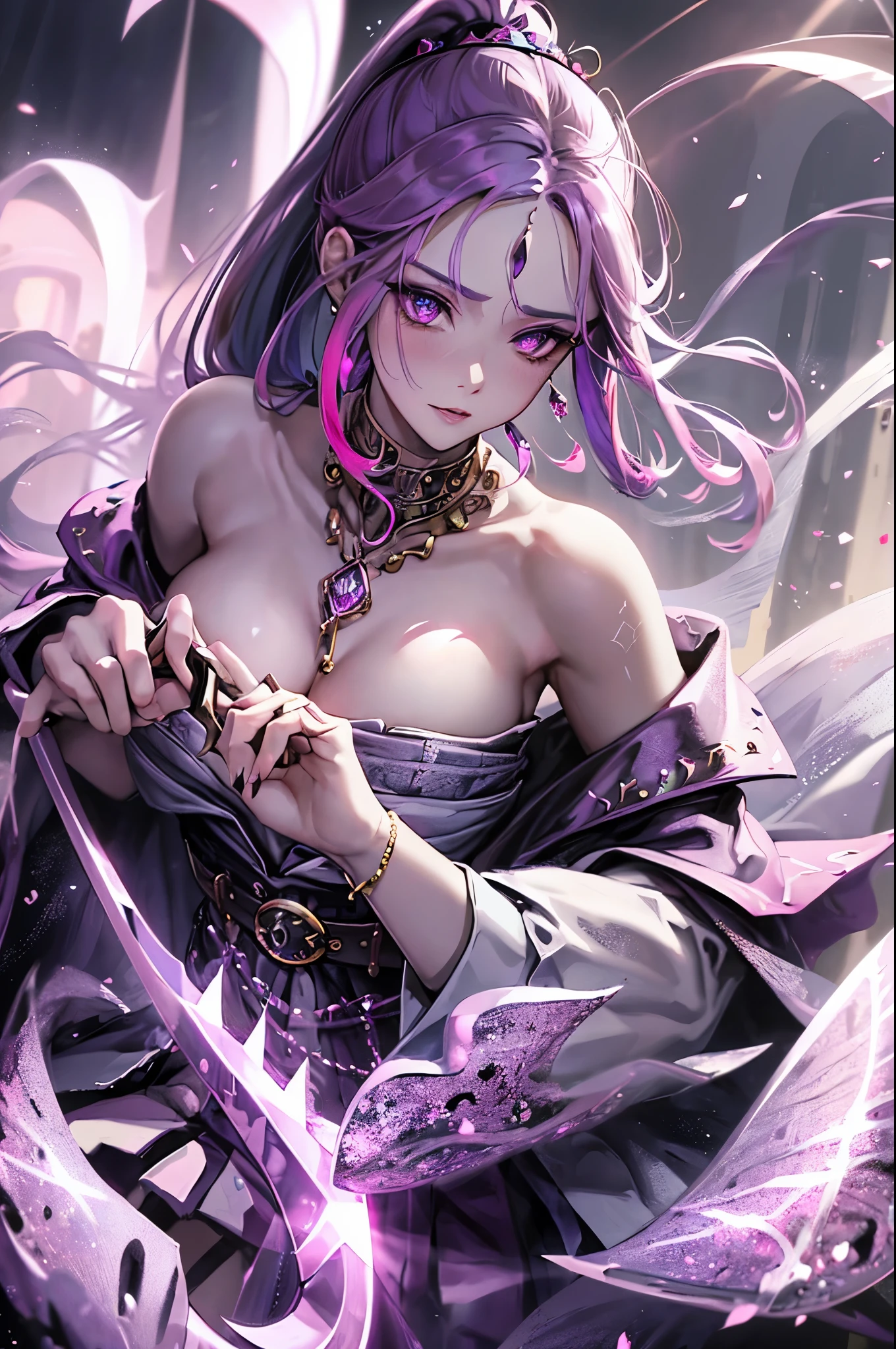 Vampire Queen Combat Dress (Radiant Royal Cloak: 1.2) Black and Purple Color, (extremely delicate beautiful eyes and depression but arrogant eyes), (multicolor, ponytail, iridescent hair, colorful hair, half purple and half pink hair: 1.3), (magical, mythic,fantasy), (Super Model Body Shape, idol, seducing body, attractive, gorgeous, charming, majesty, Sexy Devil aura), Original Character, Masterpiece, Tempting Purple Eyes, Purple Gemstone Accessories, Gold Belt, Gold Necklace, Wind Evil and body floating effect, Soft Moonlight, unique crown, (Corruption Tattoo on 1;1.25), (holding a Giant Scythe 1:1.3), 16k wallpaper style,bare shoulders, cute, petite, solo, stars, stardust, shiny body detailed, creative, killing scenario, legend, horny blush, pink lips, cinematic lighting, full body close-up, scale up, twilight, perfect weapon, gem on forehead, forehead chain