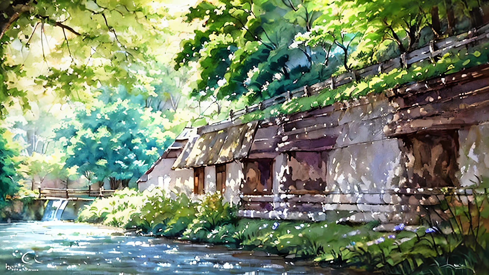 In the heart of a tranquil forest, a scenic expanse of traditional Japanese paintings unfolds before you. The lush, verdant foliage of the woods is as abundant as a wealthy estate. Amidst this serene tableau, two wooden figures stand side by side. A beautiful garden lies before them, filled with vibrant hues and intricate detail.
In the center of this colorful floral backdrop, a brown and white dog sits quietly, its ears perked up, taking in the breathtaking surroundings. The dog looks utterly relaxed, its eyes gazing thoughtfully at the kaleidoscopic scenery. Bright sunshine filters through the forest canopy, casting