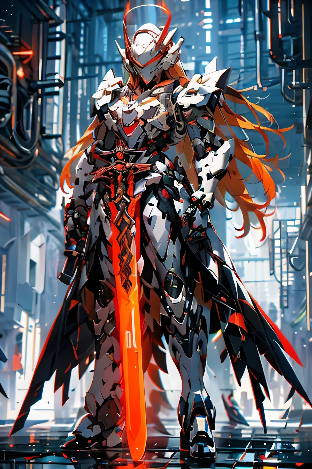 mecha_musume, 1 girl, long_hair, science_fiction, weapon, lightsaber, holding_sword, res_eyes, solo, headdress, holding_weapon, mecha, bust, red and black livery, angel halo, sad gaze, upper body, mermaid line, robot with red flames and black body holding red flames sword