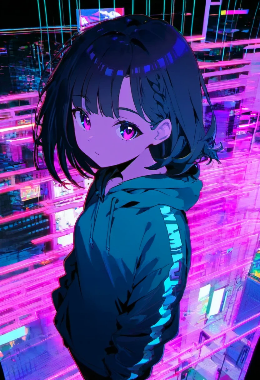 Girl,neon glitch, hoodie, high view