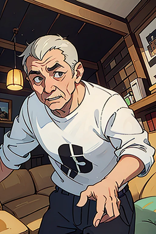 80 year old grandpa with wrinkled face Being in the living room