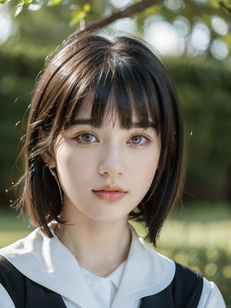 ( masterpiece, top quality, best quality,8k,17 years old girl,ultra detailed,raw photo:1.5),(photorealistic:1.4), (bob cut, black hair,blunt bangs:1.5), (cinematic lighting), PerfectNwsjMajic, , Surrealism, UHD, ccurate, Super detail, textured skin, High detail, Best quality, dynamic angle, (high nose,White skin),[Beautiful eyes],[flat chest:large breasts:0.5],(1girl),(good anatomy:0.5)),(outside:1.5),Homely uniform 