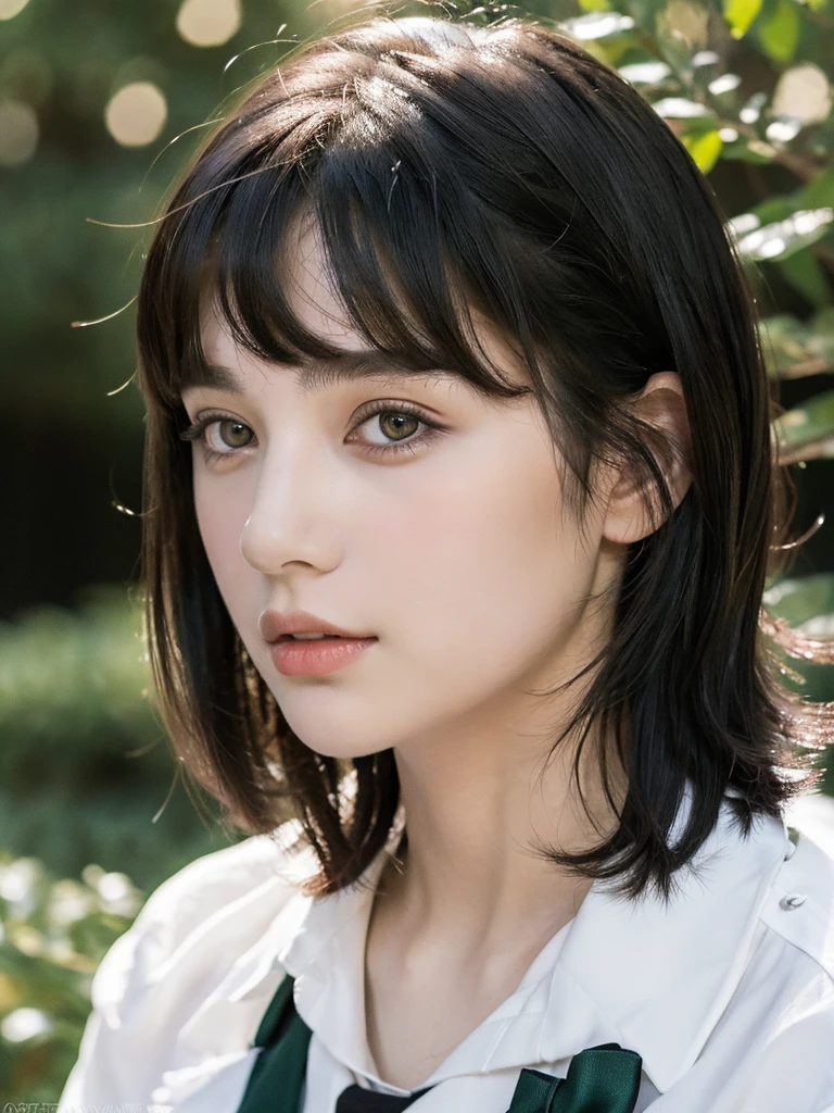 ( masterpiece, top quality, best quality,8k,17 years old girl,ultra detailed,raw photo:1.5),(photorealistic:1.4), (bob cut, black hair,blunt bangs:1.5), (cinematic lighting), PerfectNwsjMajic, , Surrealism, UHD, ccurate, Super detail, textured skin, High detail, Best quality, dynamic angle, (high nose,White skin),[Beautiful eyes],[flat chest:large breasts:0.5],(1girl),(good anatomy:0.5)),(outside:1.5),Homely uniform 