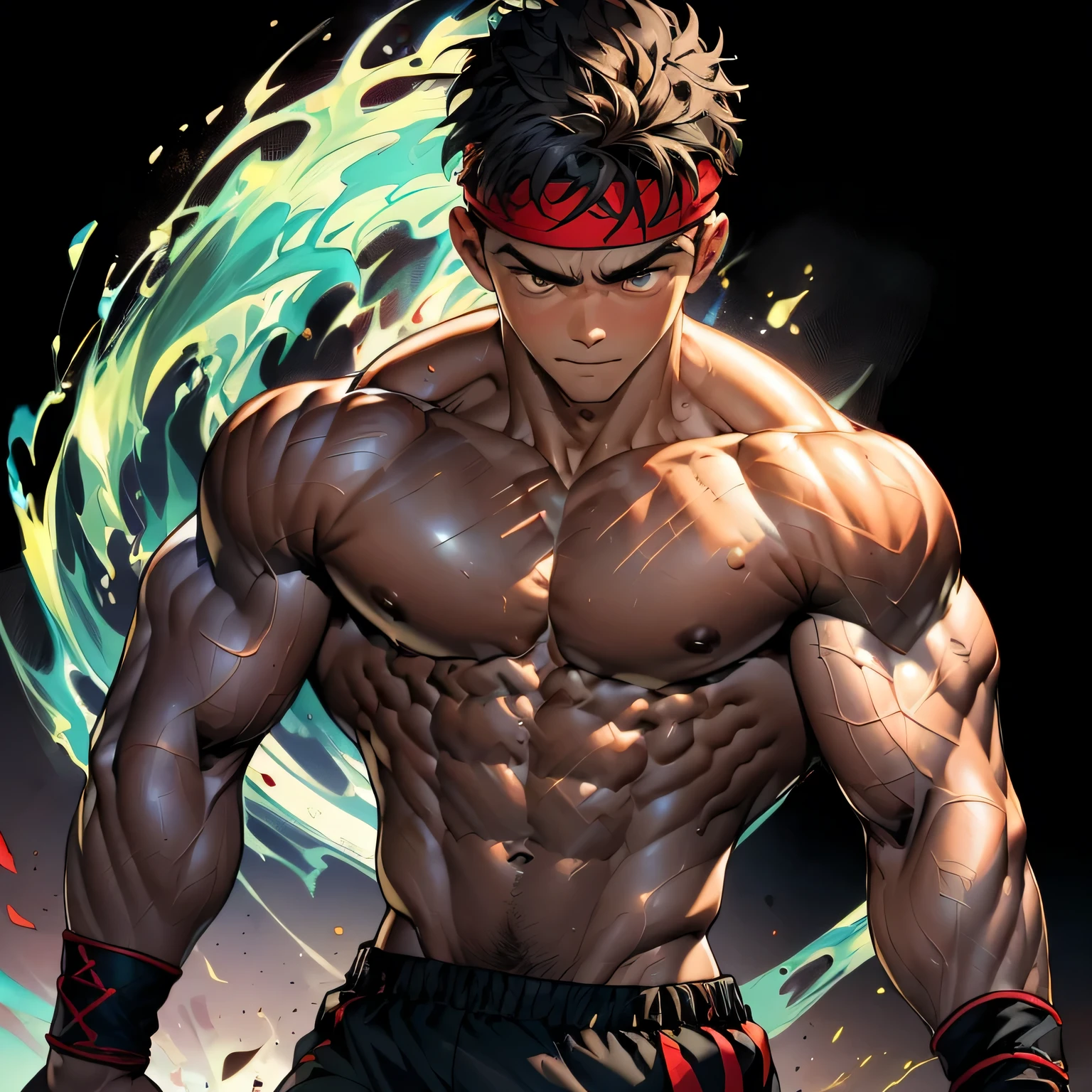 (Masterpiece, Best quality 19 year old boy, black background), solo, Young, boy, muscler, Shirtless, topless, (Dark Short straight hair, under cut, brown eyes), (red headband, ((black wristband))), Vivid colors, (hot Abs:1.2, abs!, big abs, big breast:1.2, chest!, muscler upper arms, clenched fist), (topless male), muscler!, muscler body, Man with martial arts stance, (aura power:1.4), detailed face, detailed muscle, (((A magical turquoise mystical aura, random fighting pose, powerful, action, rippling muscles, fighting with enemy, concentrate, Fotografia de combate)))