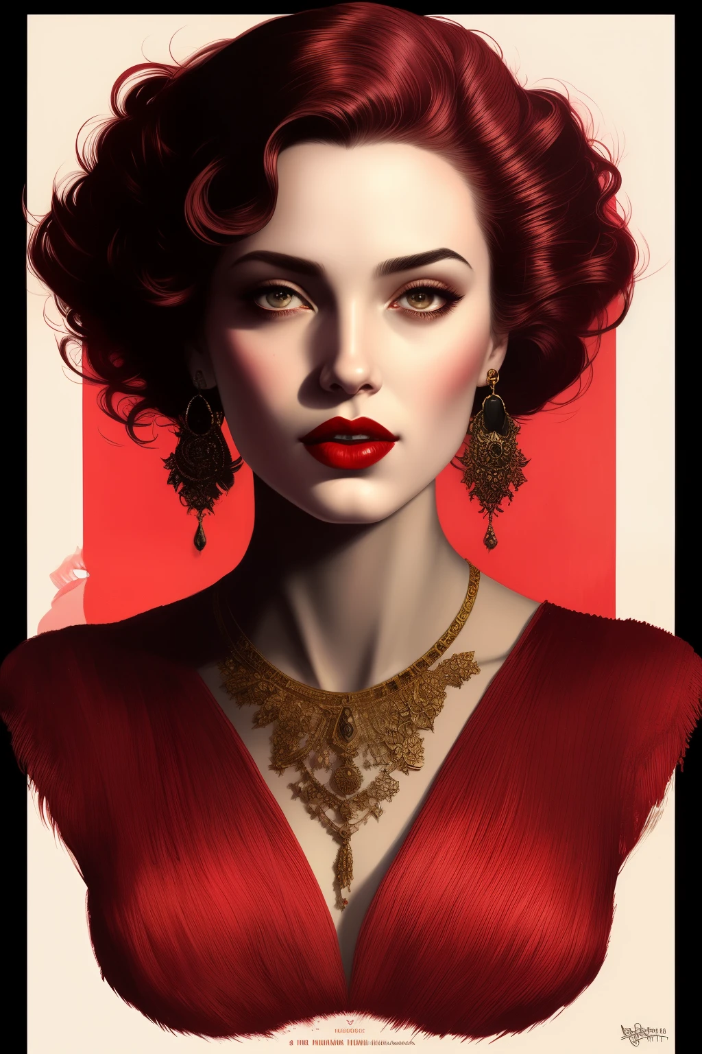 there is a woman with a tattoo on her chest and a red lipstick, martin ansin artwork portrait, stunning digital illustration, artstyle tom bagshaw, pinup art, stunning artwork, illustration art, by Galen Dara, artgerm and tom bagshaw, tom bagshaw style, rob rey and kentarõ miura style, art tom bagshaw, a ((film noir)) portrait painting of looking at the camera with a subtle smile, she is wearing red lipstick and small black earrings and has bare shoulders and ((exposed breasts)), shaft of light, by Gediminas Pranckevicius, Jean Giraud, Russ Mills, Carne Griffiths