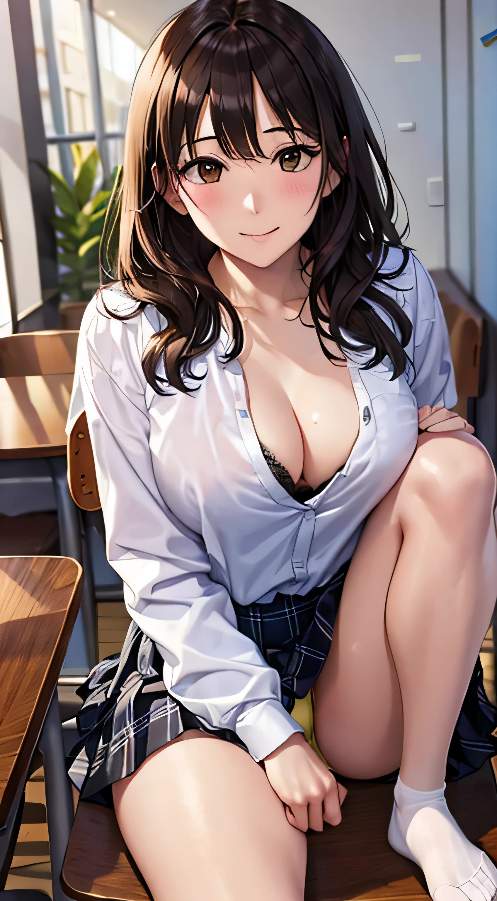 ((table top, highest quality, High resolution, nffsw, perfect pixel, 4k, nffsw, nffsw))), 1 girl, single, alone, beautiful woman、I could see the whole body、 ((short wavy hair, bangs, brown hair)), ((brown eyes, beautiful eyelashes, realistic eyes)), ((detailed face, blush:1.2)), ((smooth texture:0.75, realistic texture:0.65, realistic:1.1, Anime CG style)), medium breasts, dynamic angle, perfect body, ((school uniform,  white shirt, black skirt, unbuttoned shirt、plaid skirt、not wearing shoes、white socks)), classroom without people、sit at desk、lower&#39;I took my foot off the desk.........................................、evening、、、Very embarrassing panic smile、(lift the skirt with your right hand、open your legs、open your knees wide、Light blue and yellow floral lace panties)、、(light blue lace bra)、angle from below