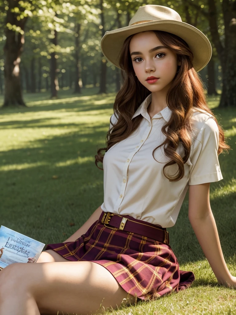 masterpiece, highest quality, 15-year-old Hermione Granger, slim, short, long curly red hair, slim legs ((slim legs)), narrow slim waist and hips, very small breasts ((very small breasts)), beautiful round face, full cheeks , bright red lipstick on full thick lips, makeup, thick long eyelashes, wearing: light shirt, red boater hat, beige skirt, lying on the grass, reading a book about forbidden magic (detailed background), modern style, side view, (shot angled), (browser view), (8k, epic composition) (( lying on grass)) photorealistic, (sharp focus), detailed background, (( Hogwarts forest)), DSLR, film grain, backlight, sunlight