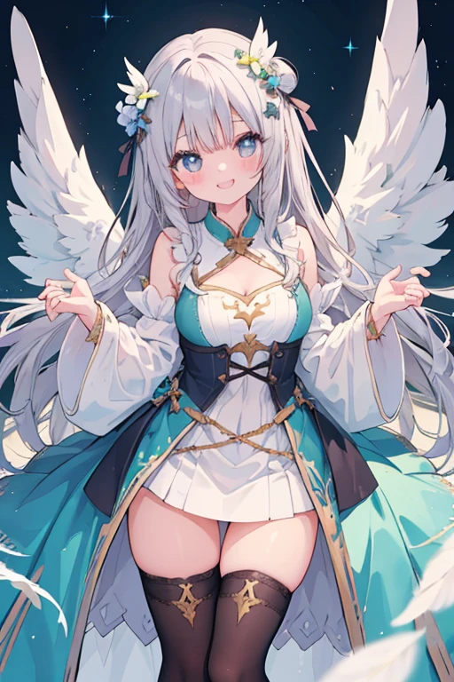 beautiful illustrations, highest quality, pretty girl,美girl、clear face、 half girl、pastel colour 、blush、perfect hands、five fingers、fantasy、fantasy、thighs、(perfect face:1.1), (high detail:1.1)、smile、Angel、white feathers、white wings、girl