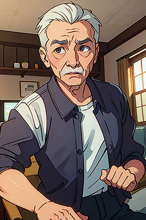 80 year old grandpa with wrinkled face Being in the living room