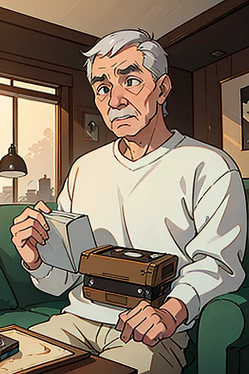 80 year old grandpa with wrinkled face Being in the living room