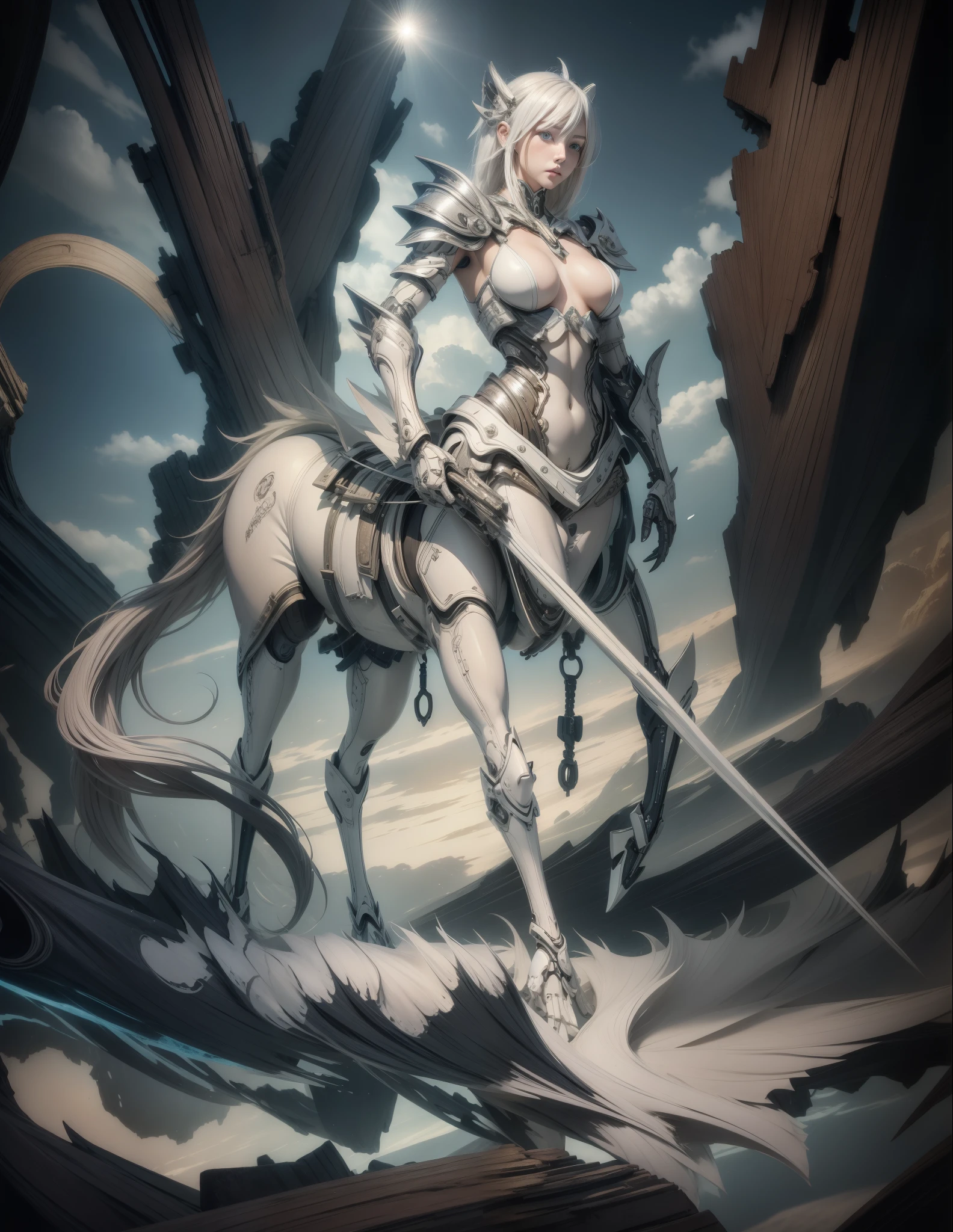 1 centaur girl,four legs,perfect body proportions,(10, masterpiece, best quality), Ultra-detailed, Beautiful eyes and beautiful details, Beautiful and delicate face, high quality, high resolution, beautiful hairstyle, realistic eyes, beautiful details eyes, (Realistic skin), facing the audience, Girl in sexy dress, huge cleavage, Transparent white tights, Mecha, ruins, single, empty eyes, Poker face, short hair white hair, Mechanical prosthesis, Mechanical legs, Knee Dagger, stand, Sexy, Unreal 5, Full shooting angle,