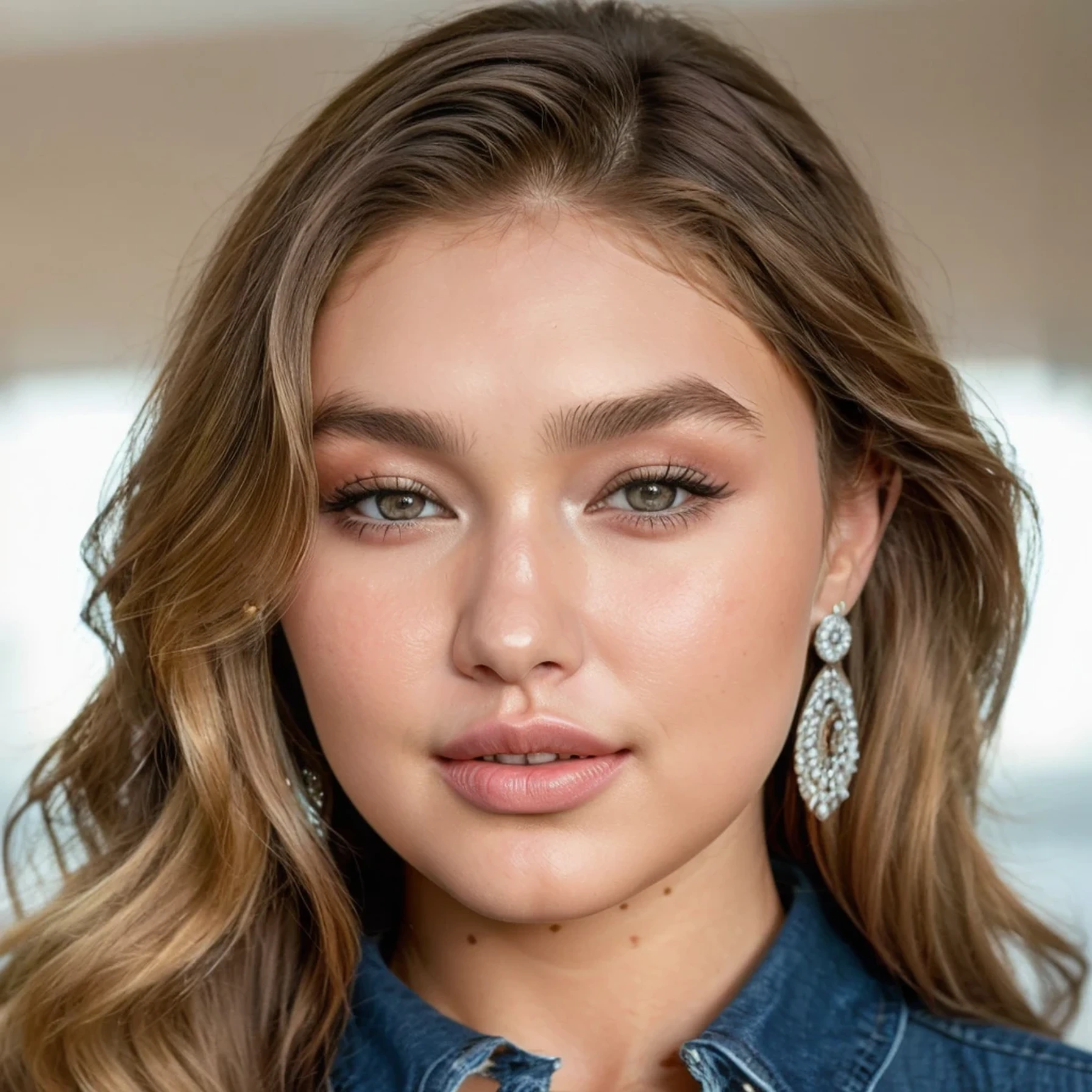 a close up of a woman with long hair wearing a denim shirt, portrait sophie mudd, jaw-dropping beauty, most beautiful woman on earth, miranda kerr, flawless face, jaw dropping beauty, portrait of florence pugh, florence pugh, very pretty face, aleksandra waliszewska, sexy lips :5 stylish, 18 years old