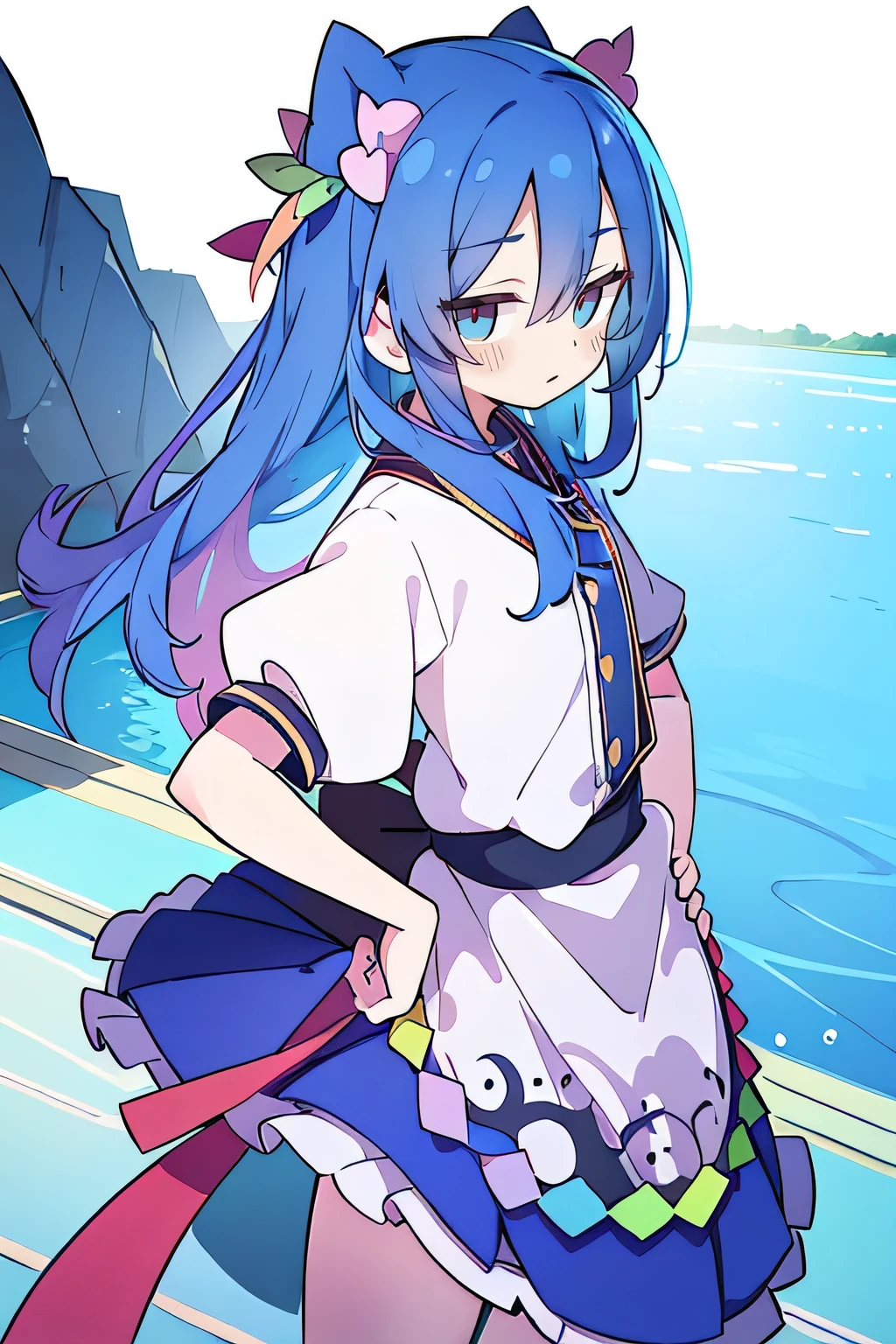 (masterpiece),best quality, expressive eyes, perfect face, 1girl,
Put your hands on your waist,fair, Gorgeous,Japanese cartoons,girl,lola,Hina Angel, blue hair, blue haired, floating clothes,Grab your waist, Grab your waist, hands on hips , hands on hips,flat chest,Lie in the pool,lake,Lie on the ground,