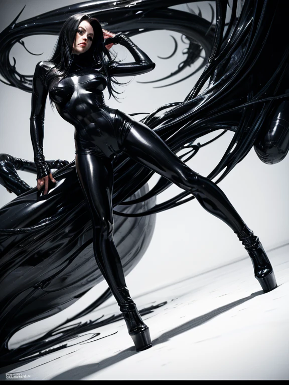 in a swirling liquid void, photorealistic sexy female venom marvel comics symbiote flowing liquid latex black alien goo,sleek feminine body, iconic sultry action standing pose ready for action. high contrast black and white, cool concept ink art, giger, side view