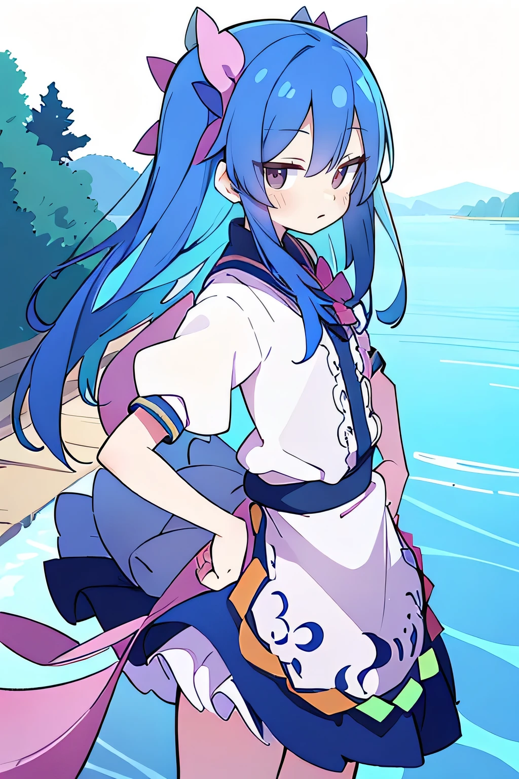 (masterpiece),best quality, expressive eyes, perfect face, 1girl,
Put your hands on your waist,fair, Gorgeous,Japanese cartoons,girl,lola,Hina Angel, blue hair, blue haired, floating clothes,Grab your waist, Grab your waist, hands on hips , hands on hips,flat chest,Lie in the pool,lake,Lie on the ground,