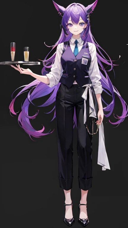 purple hair,Long Hair Woman,bartender,Black vest,Y-shirt,tie,pants,high heels,all,simple background,smile,whole body,full body,full body,Standing picture,vtuber,upright,,Look forward,