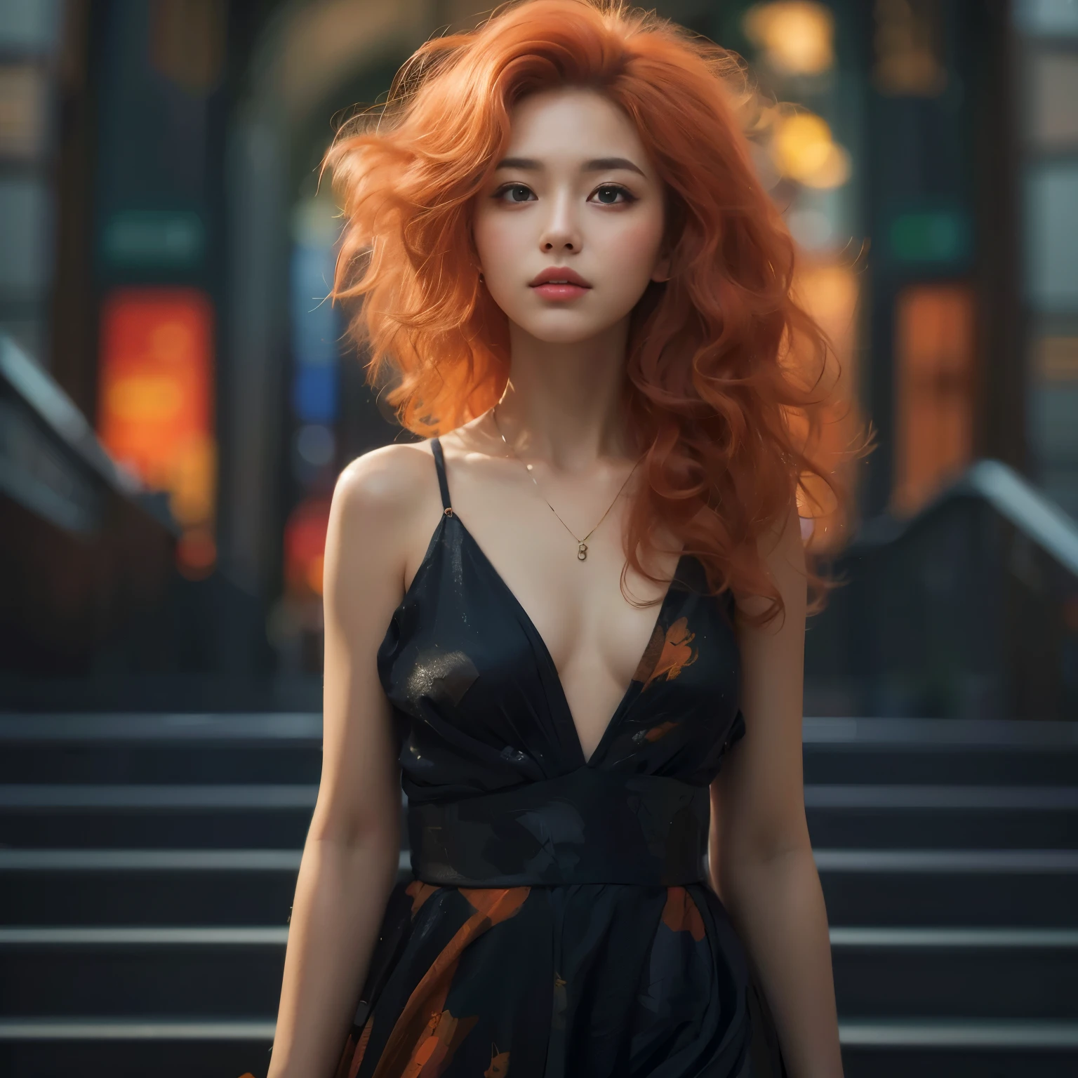 hyperrealistic, (20 years old female), delicate, beauty girl, smilling, light makeup, big eyes, japanese face, studio lighting, cinematic light, green eyes, midle hair, center image, 8k Resolution, complete body, close to perfection, dynamic, highly detailed, positioned so that their body is symmetrical and balanced, full body, model body, instragam model, orange hair color, curly hair, slim body, V-triangle face, AkaneAmane, black long dress, See the viewer, full face, cimetric face, cute face, walking in the city, (Masterpiece, absurdities, Highly detailed:1.3), dream state, Beauty of digital painting, looking at the horizon, profile photo, (Masterpiece), (Best quality:1.2), absurdities , Intricate details, skin slit, (Highly detailed skin:1.2), Sharp focus, Soft and colorful, centered, symmetry, Painting, intricate, Volumetric lightings, street photography,(full body:1.5), face of profile, climbing museum stairs