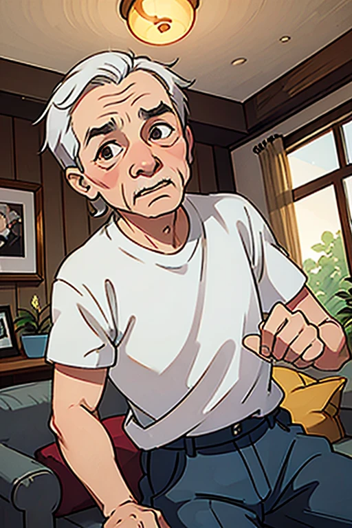 80 year old grandpa with wrinkled face　Being in the living room