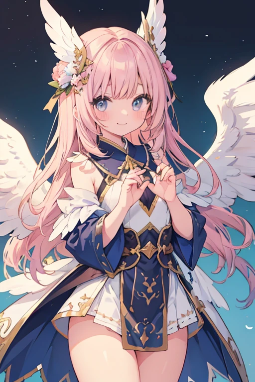 beautiful illustrations, highest quality, pretty girl,美girl、clear face、 half girl、pastel colour 、blush、perfect hands、five fingers、fantasy、fantasy、thighs、(perfect face:1.1), (high detail:1.1)、smile、Angel、white feathers、white wings、girl