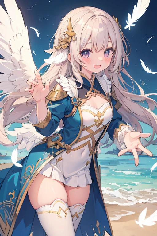 4K,High resolution,One Woman,Blonde,Long Hair,Blue Eyes,Big Breasts,Valkyrie,White sacred armor,Winged headgear,Blue boots,Jewelry decoration,Excalibur,Temple in the Sky