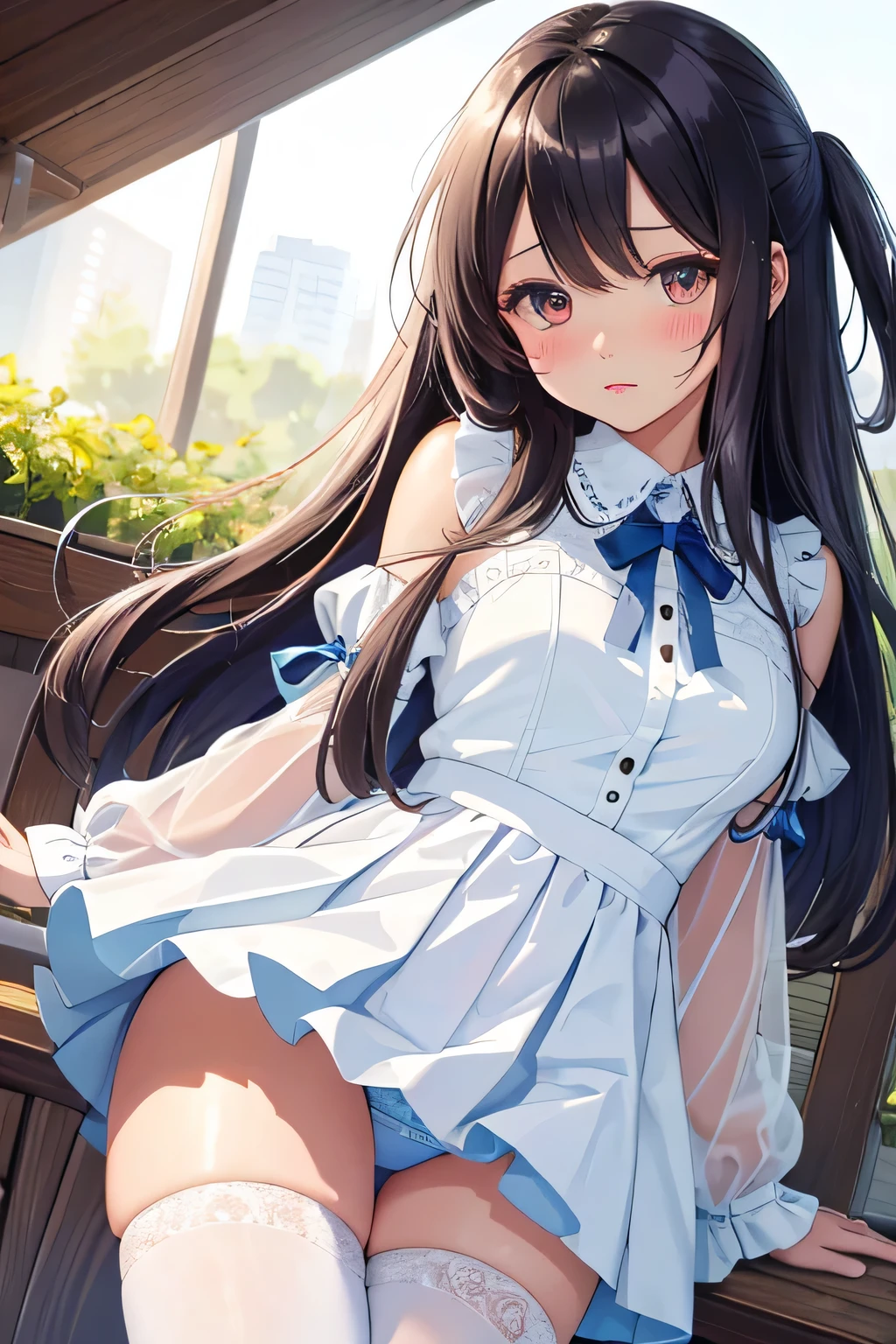 (highest quality:1.4)、High resolution、detailed background)、anatomically correct、attractive thighs、A low-angle close-up highlighting the crotch of her panties、Super close-up shot from directly below、beautiful girl、Super detailed panty stitching、Detailed crotch depiction、White sheer mini skirt dress、cold eyes、Looking at me with a troubled expression、blushing、camel toe