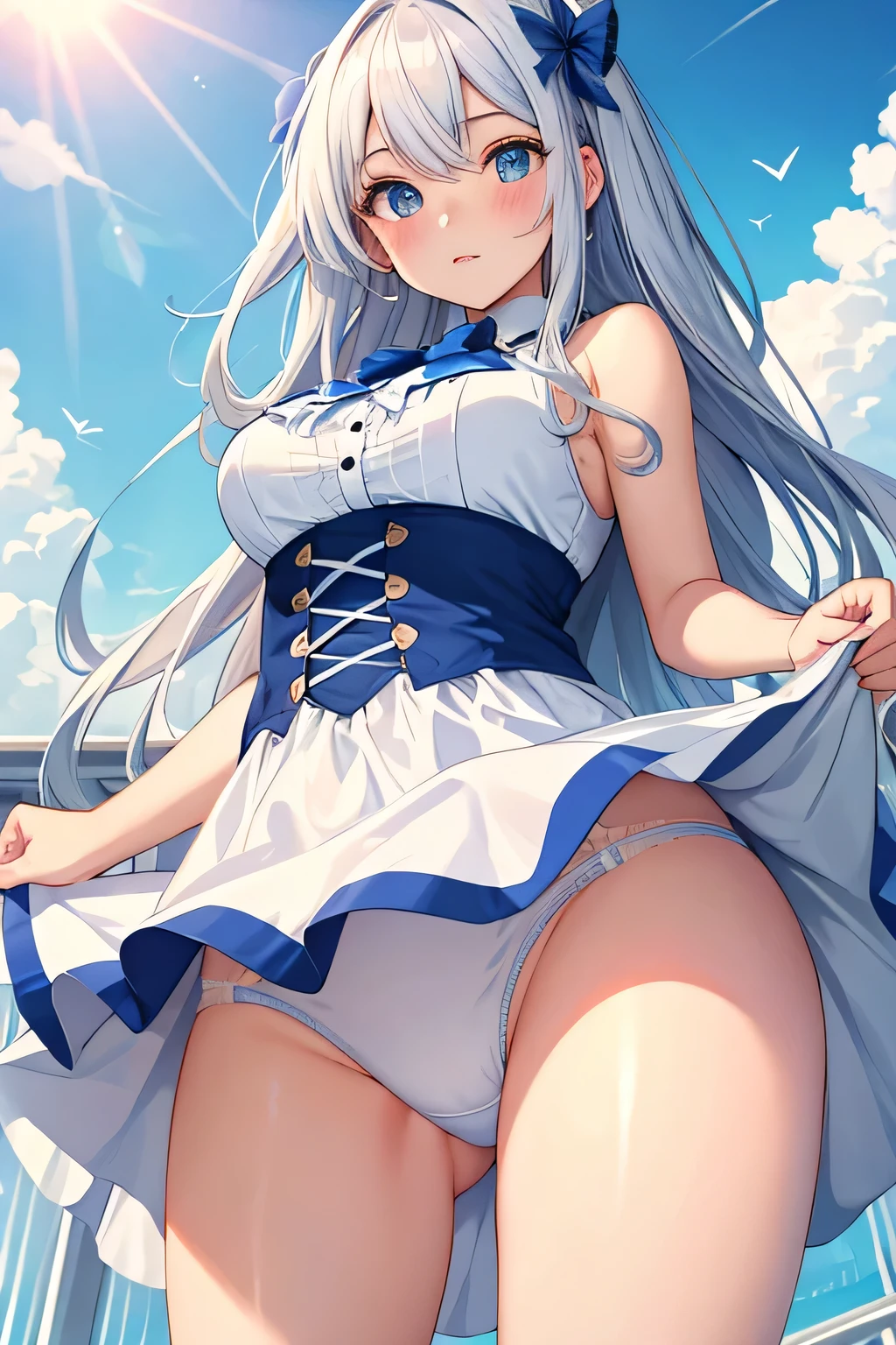 (highest quality:1.4)、High resolution、detailed background)、anatomically correct、attractive thighs、A low-angle close-up highlighting the crotch of her panties、Super close-up shot from directly below、beautiful girl、Super detailed panty stitching、Detailed crotch depiction、White sheer mini skirt dress、cold eyes、Looking at me with a troubled expression、blushing、camel toe