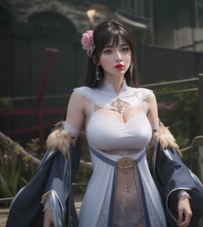 (masterpiece, best quality, Very detailed 8k, ultra high definition, Super detailed, Very detailed, Highly realistic, surreal, Photorealistic), (1 girl:1.5), (Delicate and realistic skin), (realistic big breasts),[[[特写cleavage]]]]Huge long saggy breasts, looking at the audience，cleavage, The chest is more exposed， (pink lipstick), slim abs,