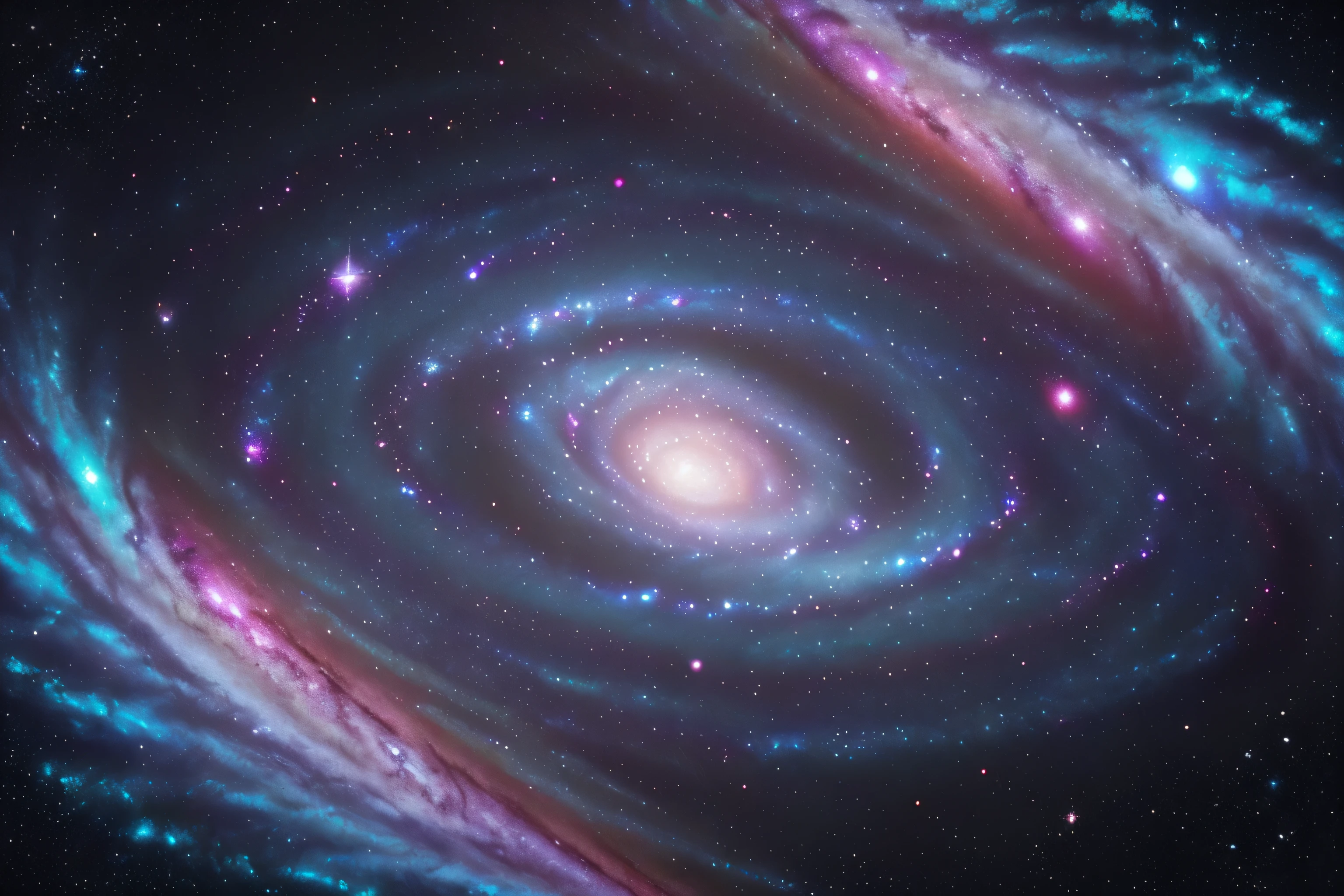 In the vast expanse of space, swirling galaxies dance with vibrant hues and celestial elements. A breathtaking spiral galaxy dominates the scene, its arms bursting with vivid colors and glittering stars. This awe-inspiring image, likely a digitally enhanced photograph, captures the beauty and mystery of the cosmos in exquisite detail. Every pixel is a masterpiece, seamlessly blending hues of blue, purple, and pink to create a mesmerizing cosmic landscape that is truly out of this world.