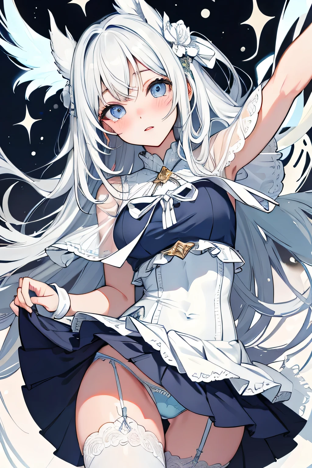 (highest quality:1.4)、High resolution、detailed background)、anatomically correct、attractive thighs、A low-angle close-up highlighting the crotch of her panties、Super close-up shot from directly below、beautiful girl、Super detailed panty stitching、Detailed crotch depiction、White sheer pleated taring at me with cold eyes、blushing、camel toe