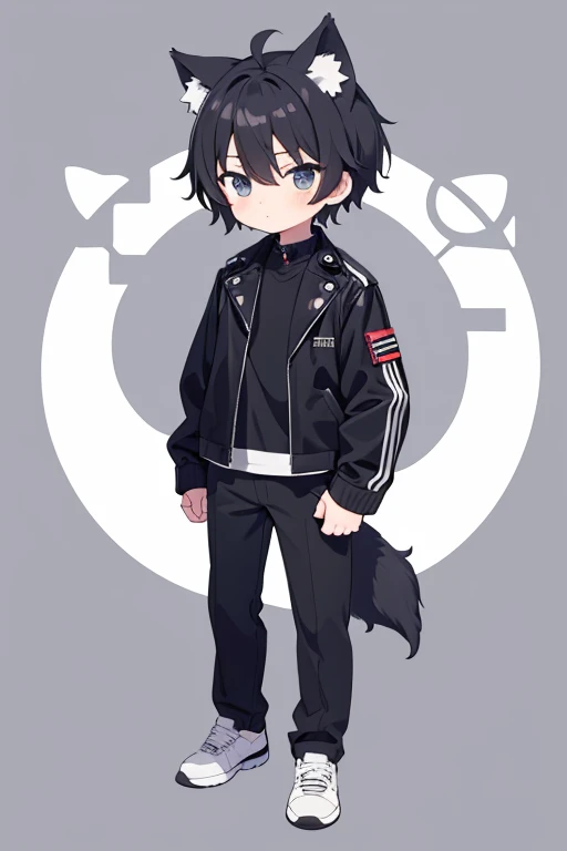 1 man,1 boy,Wolf Man,black leather jacket,gray background,anime,black short hairs,full body,standing,high resolution,Landscape,chibi,white inner,lower both two hands,Empty-handed,chibi,black hairs,black tail