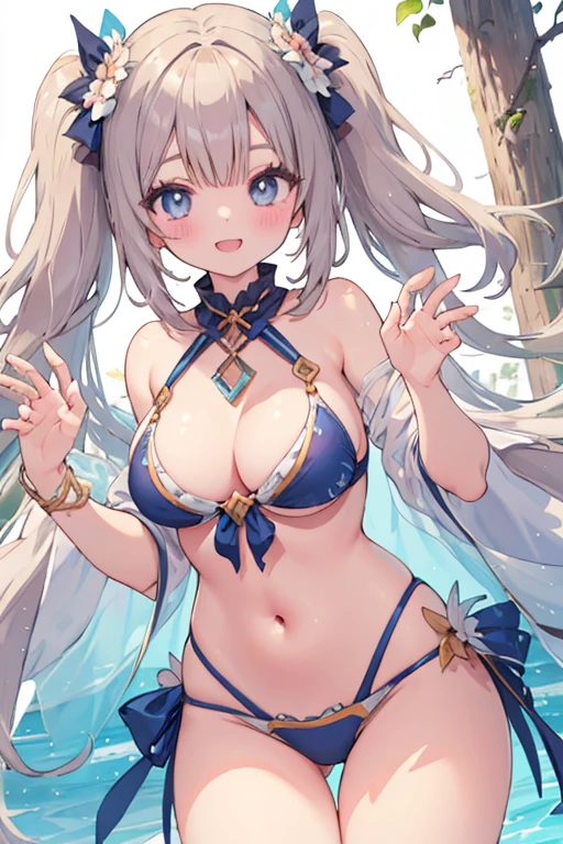 beautiful illustrations, highest quality, pretty girl,beautiful girl、clear face、 half girl、pastel colour 、blush、perfect hands、five fingers、fantasy、fantasy、thighs、(perfect face:1.1), (high detail:1.1)、smile、swimsuit、bikini