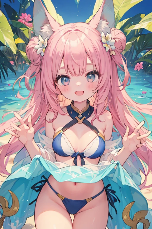 beautiful illustrations, highest quality, pretty girl,beautiful girl、clear face、 half girl、pastel colour 、blush、perfect hands、five fingers、fantasy、fantasy、thighs、(perfect face:1.1), (high detail:1.mile、swimsuit、bikini