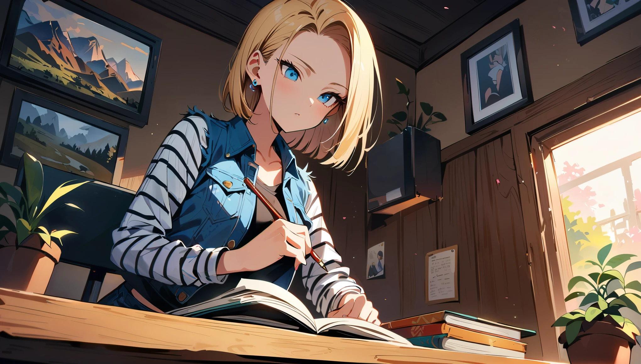 (masterpiece, best quality:1.2), 1girl, solo, writing a diary, Android 18 from Dragon Ball, slender yet feminine figure, short hair, blue eyes, blonde hair, earrings, jewelry, denim vest, open vest, black pantyhose, black fitted and cropped camisole, denim skirt, striped long sleeves, blue skirt, wearing white headphones, sitting at a well-organized desk, the desk has a lamp providing warm lighting, along with some personal items like framed photos and a potted plant, Cherry blossoms are blooming outside the room, from below, 4K