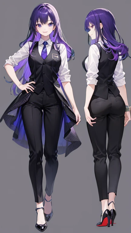 purple hair,Long Hair Woman,bartender,Black vest,Y-shirt,tie,pants,high heels,all,simple background,smile,whole body,full body,full body,Standing picture,vtuber,upright,,Look forward,