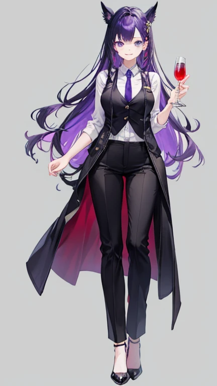purple hair,Long Hair Woman,bartender,Black vest,Y-shirt,tie,pants,high heels,all,simple background,smile,whole body,full body,full body,Standing picture,vtuber,upright,,Look forward,