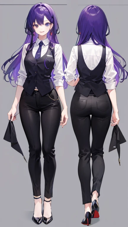 purple hair,Long Hair Woman,bartender,Black vest,Y-shirt,tie,pants,high heels,all,simple background,smile,whole body,full body,full body,Standing picture,vtuber,upright,,Look forward,