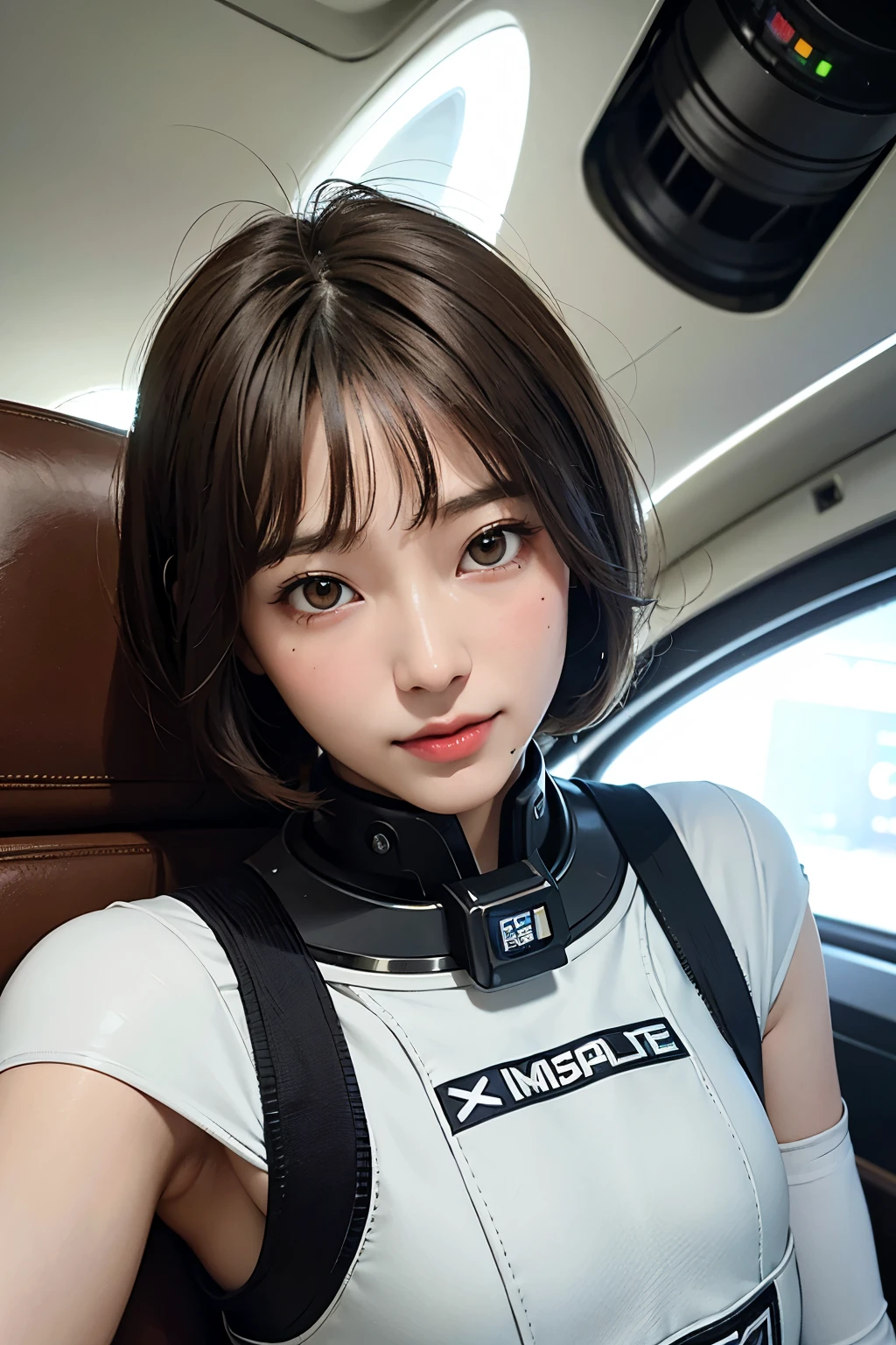 highest quality、masterpiece、ultra high resolution、(real:1.4)、Beautiful woman１、Beautiful details of eyes and skin、light brown short cut hair、small smile、Full space suit、space station、spaceship、cloudy sky、Sci-Fi Taste、