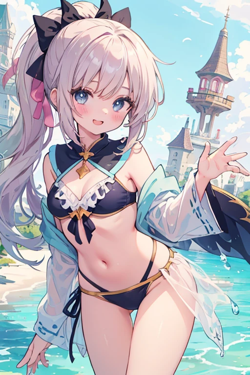 beautiful illustrations, highest quality, pretty girl,beautiful girl、clear face、 half girl、pastel colour 、blush、perfect hands、five fingers、fantasy、fantasy、thighs、(perfect face:1.1), (high detail:1.1)、smile、swimsuit、bikini、ponytail