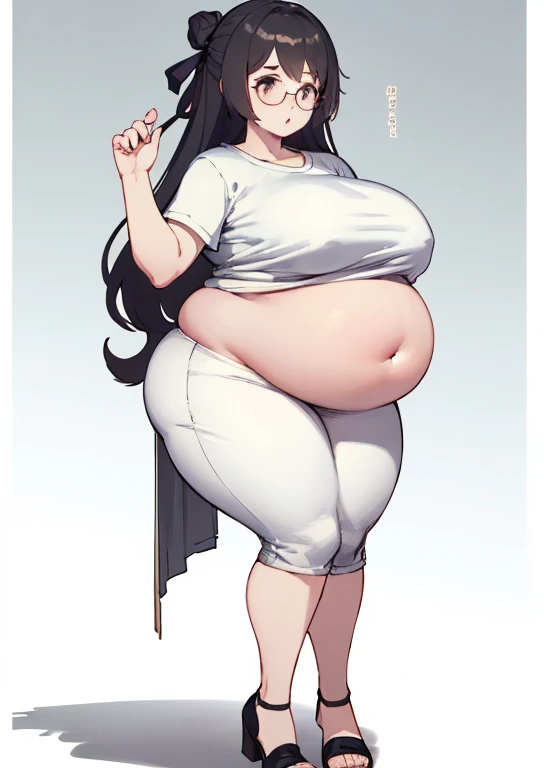 (masterpiece, best quality, highly detailed), 1girls, big belly, huge belly, art by kipteitei, round belly, chubby, curvy, belly grab, enormous belly, fat belly, thicc, bigger belly, really big belly, jiggly belly, shirt covering belly, belly cover by shirt, glasses, ((full body)), long hair