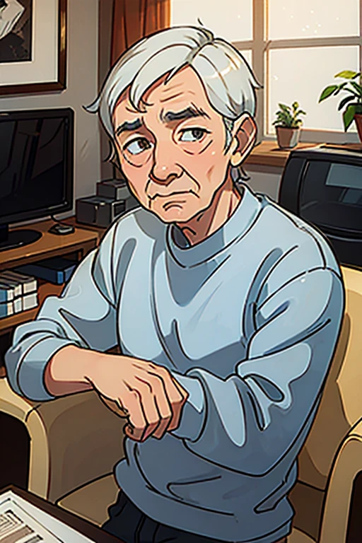 80 year old grandpa with wrinkled face Being in the living room
