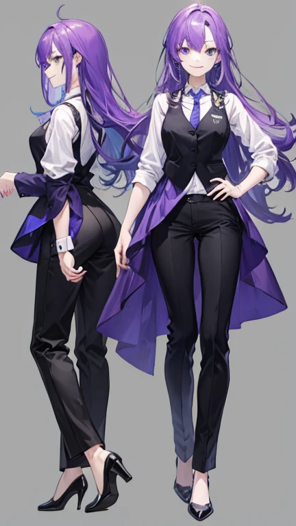 purple hair,Long Hair Woman,bartender,Black vest,Y-shirt,tie,pants,high heels,all,simple background,smile,whole body,full body,full body,Standing picture,vtuber,upright,,Look forward,