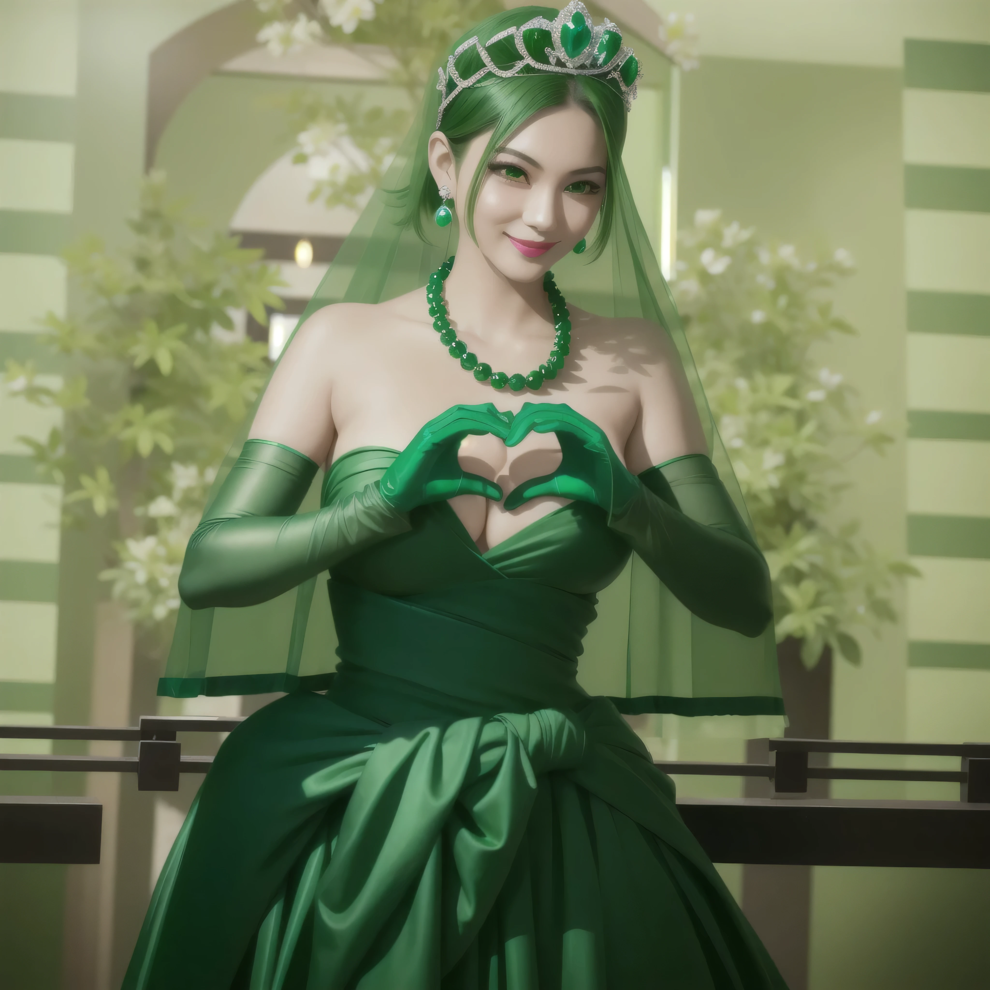 emerald tiara, green pearl necklace, boyish very short green hair, green lips, smiling Japanese woman, very short hair, Beautiful woman with big breasts, green eyes, Green satin gloves, green eyes, emerald earrings, green veil, Heart with both hands, green hair, beautiful japanese woman, heart shaped hands:1.3, green lip gloss