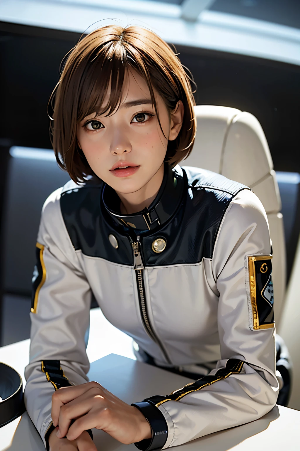highest quality、masterpiece、ultra high resolution、(real:1.4)、Beautiful woman1、Beautiful details of eyes and skin、light brown short cut hair、small smile、Full space suit、space station、spaceship、cloudy sky、Sci-Fi Taste、film grain、