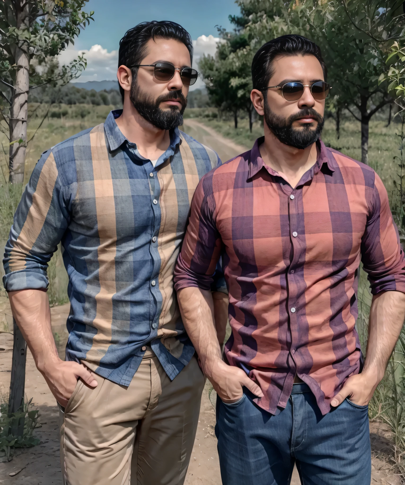 Obra maestra, desenfoque de campo, Parte superior del cuerpo, hands in pants pockets , 38 year old man with beard and square sunglasses. Man wearing a checkered shirt in an action movie with long guns, con cielo rojo de fondo.