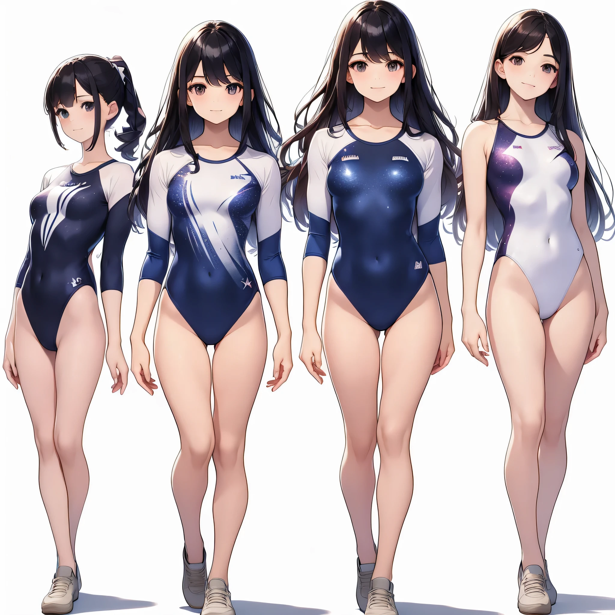 ((full body)),(masterpiece, best quality), (3 girls1.5) ,((Contrapposto:1.5)), looking at viewer, walking,((v_arms:1.2)), （wearing gymnastics_longsleeves_leotard_outfit leotard:1.3),(blue leotard) ,(galaxy print:1.3),{{wearing tracksuit:1.3 }}, BREAK masterpiece black hair, ((long hair:1.2)), ((parted bangs:1.3)), black eyes, good hand, ((small breasts)), (over 20 years old, under 25 years old:1.2), , spotlight, happy, smile, BREAK in the class room