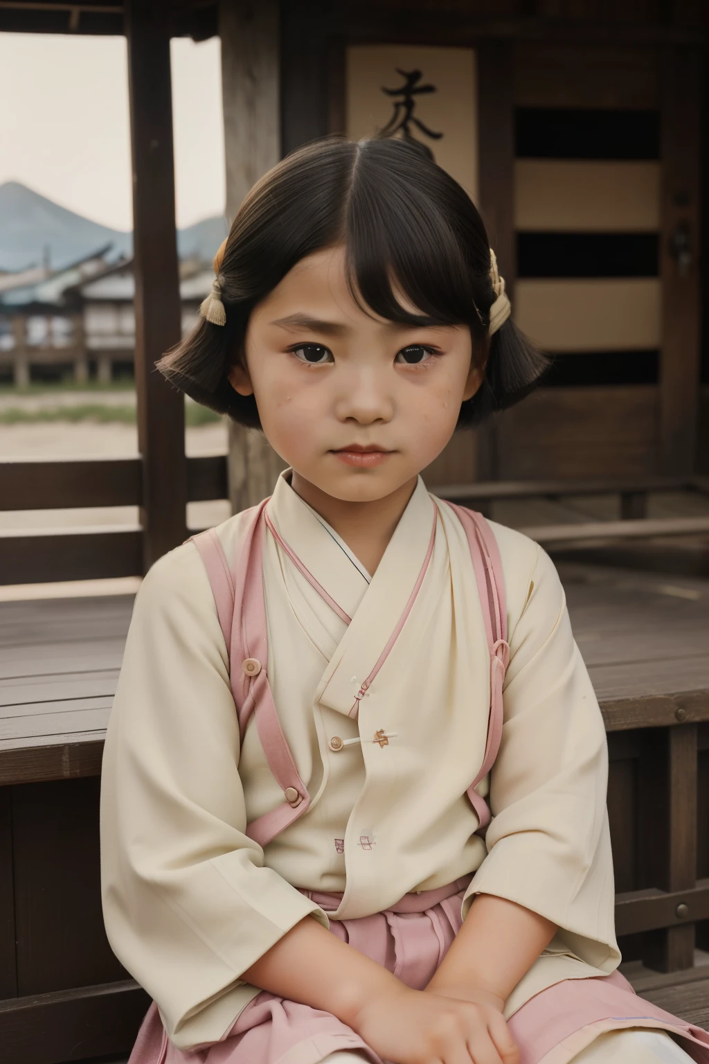 Japan, 1929. A little ((((9-year-old)) Chiyo Sakamoto)), strikingly beautiful, delicate facial features, porcelain skin, expressive eyes, in a fishermen village, ((((clothings from the 1920s)))), ((hairstyle of the 1920s)), color