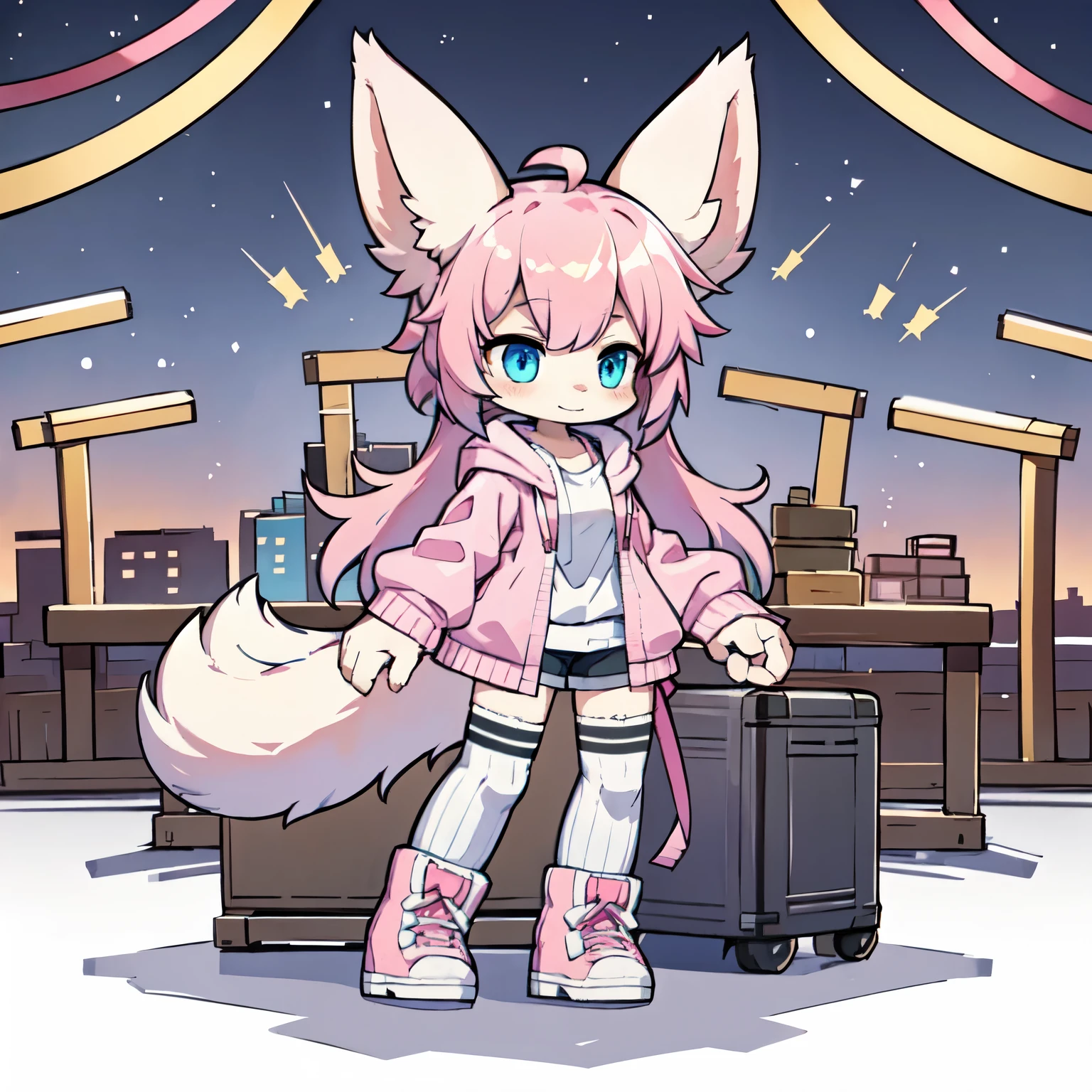 
Kawaii, Fluffy Fox, Pink long straight hair ,long side bangs, Blue Eyes, Heterochromia, Solo, Pink hood jacket, White Oversized Sweater, Black Shorts, Pink Striped, knee-high Socks, Grey Calf boots, Loil ,Body fur